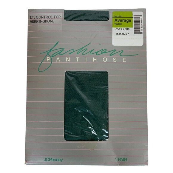 JCPenney Fashion Pantyhose Size Medium Teal Herringbone Control Top Vtg 90s - Picture 1 of 3